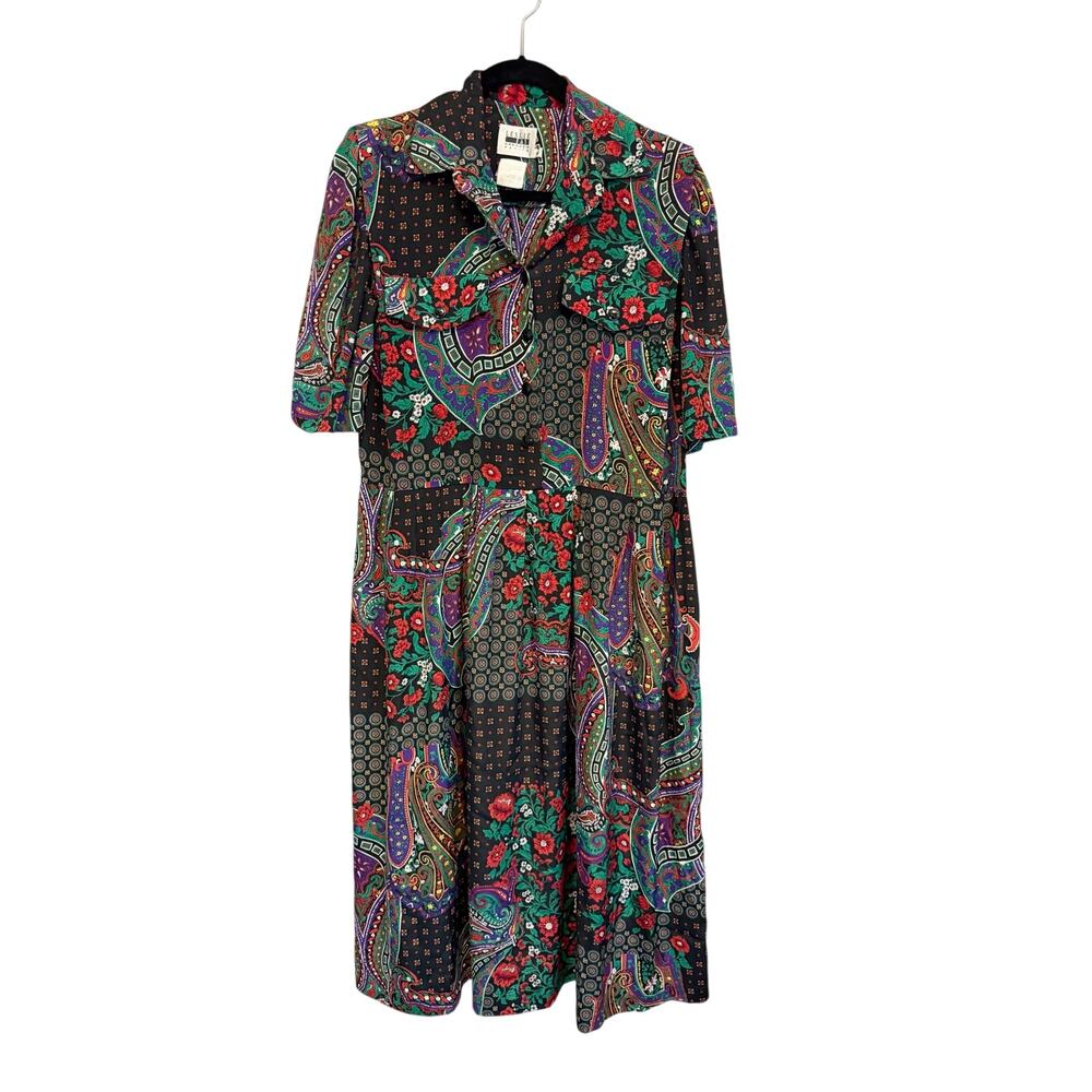 Vintage 90s Leslie Fay Midi Dress 10P Black Paisley Print Maximalist Eclectic - Picture 2 of 5